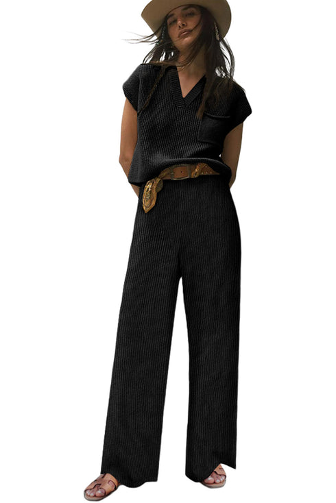 Knitted V Neck Sweater and Casual Pants Set